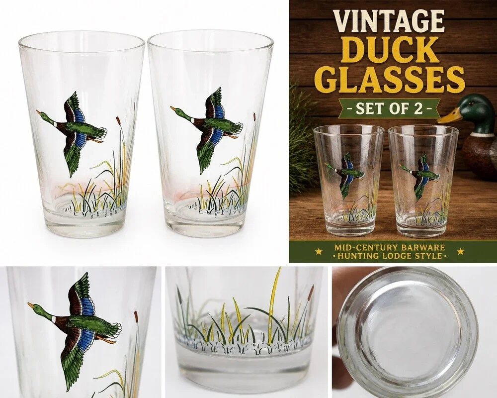 Vintage Duck Glass Tumblers Set 2 Mallard Flying Hunting Barware